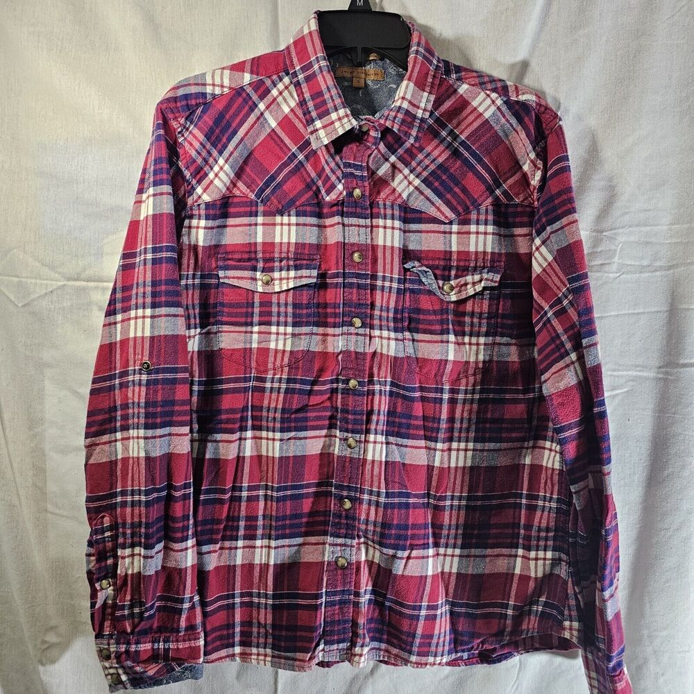 JACKS GIRLFRIEND Red Plaid Flannel Snap Front Top Long Sleeve Stretch Large